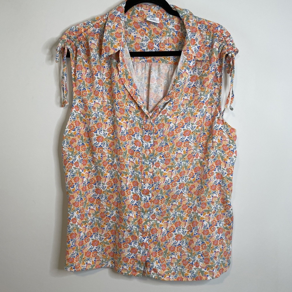 Croft & Barrow XXL Orange Blue‎ Floral Sleeveless Blouse V Neck Rayon Boho